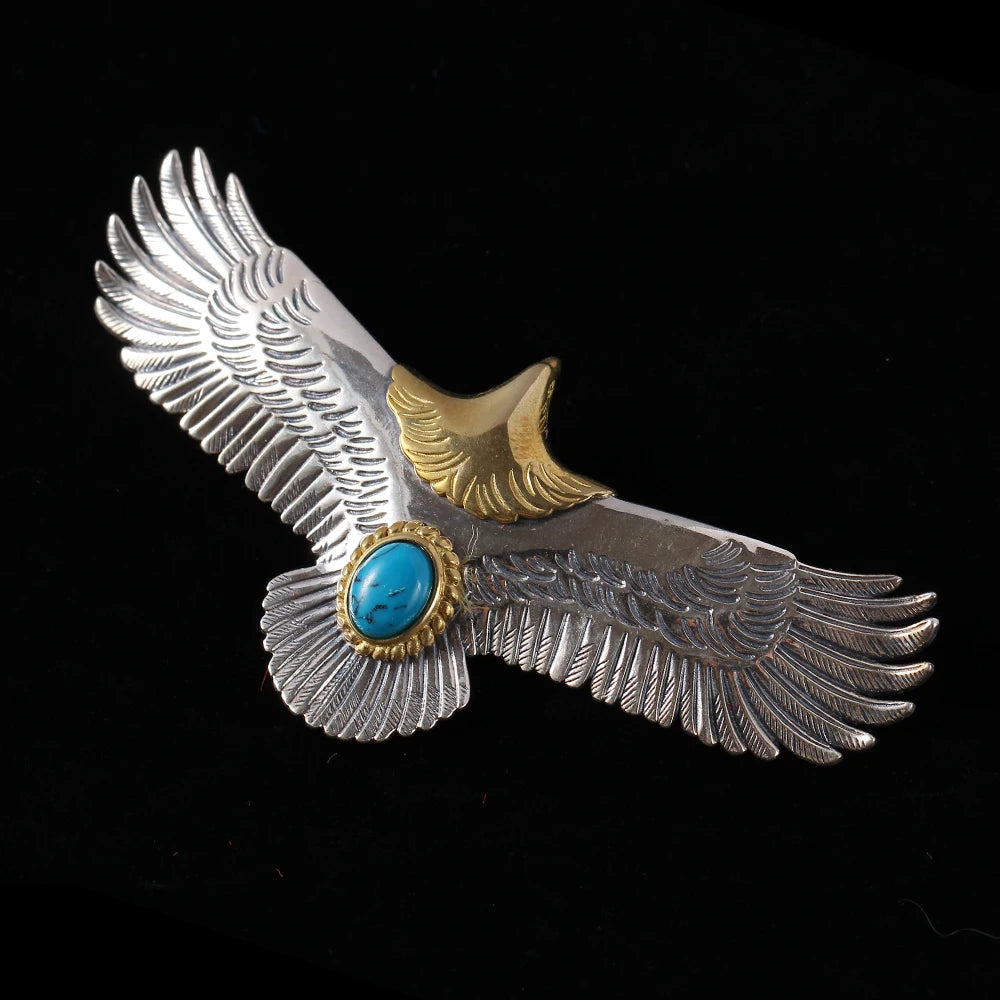 S925 Sterling Silver Jewelry Thai Silver Handmade Turquoise Gold Head Eagle Fashion Pendant For Men GOP002