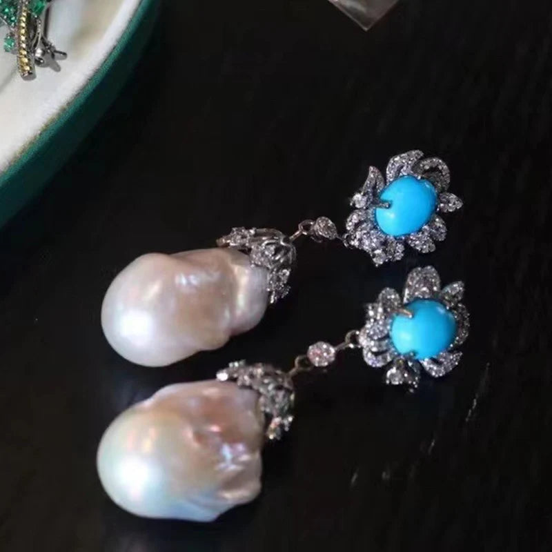 CSJ Natural Freshwater Baroque Pearl Earrings Sterling 925 Silver Lapis Turquoise Handmade Jewelry for Women Party Birthday Gift