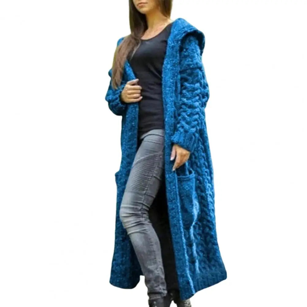 Women Sweater Jacket with Pockets Mid Length Hooded Knitted Twisted Texture Cardigan Solid Color Long Sleeve Thick Outerwear