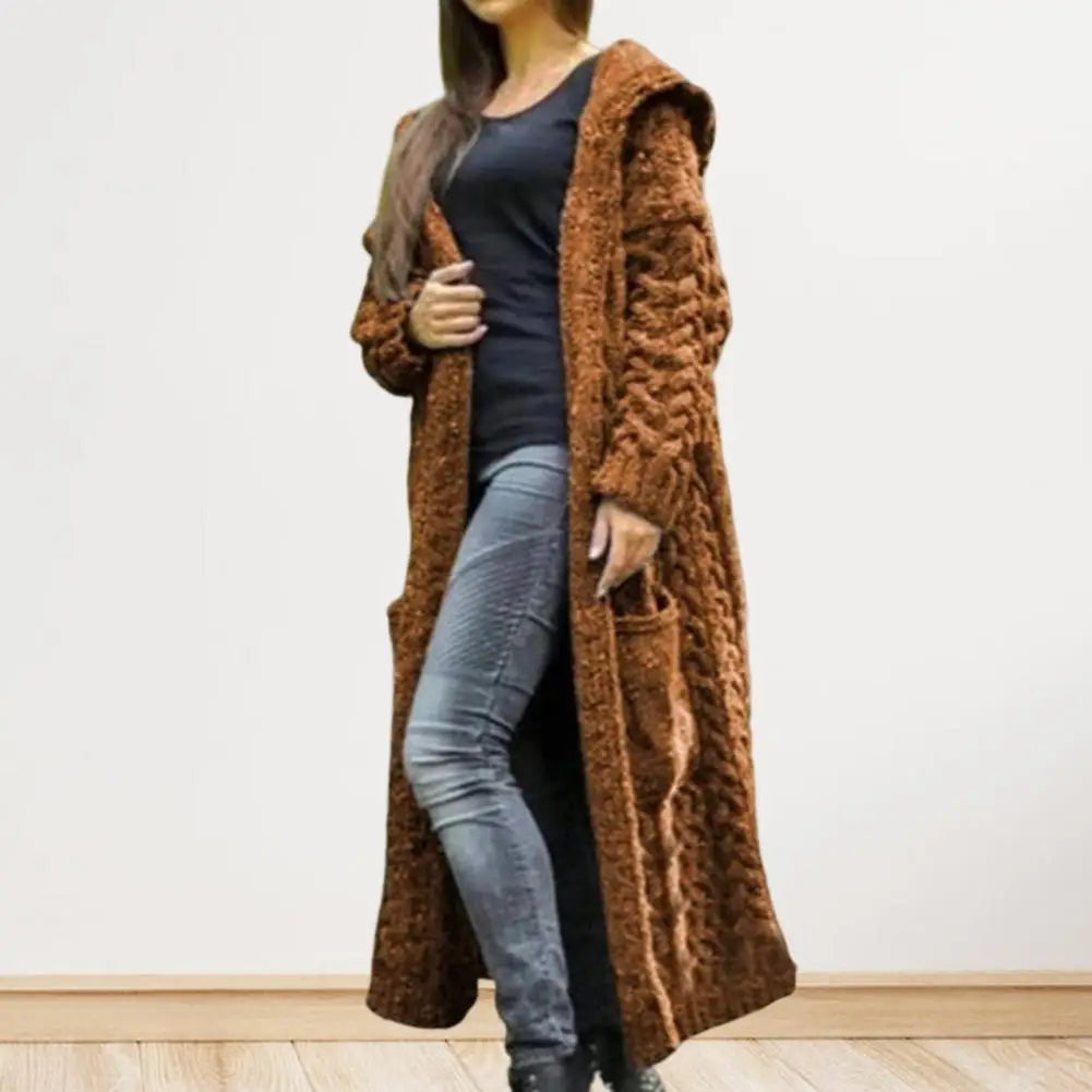 Women Sweater Jacket with Pockets Mid Length Hooded Knitted Twisted Texture Cardigan Solid Color Long Sleeve Thick Outerwear