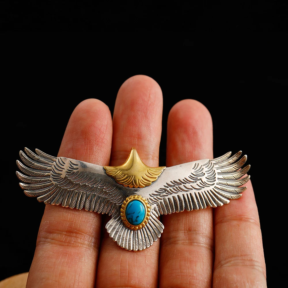 S925 Sterling Silver Jewelry Thai Silver Handmade Turquoise Gold Head Eagle Fashion Pendant For Men GOP002