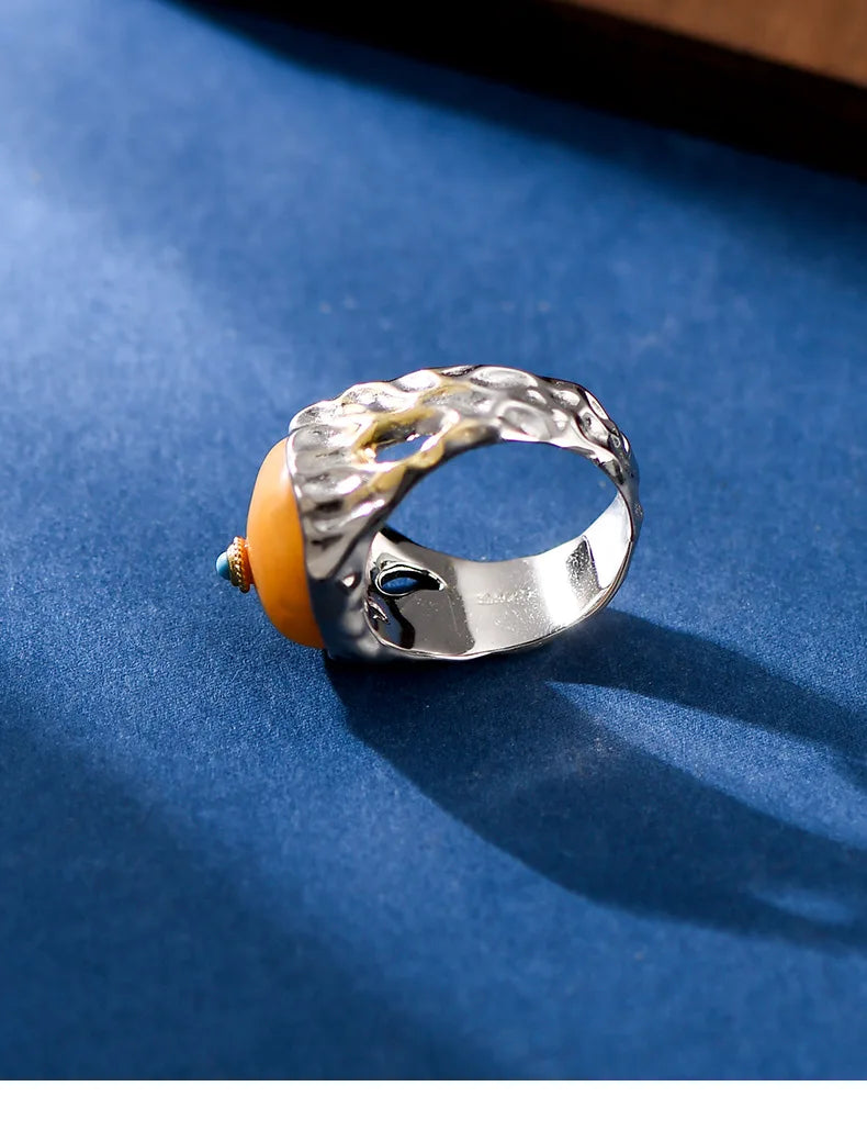 Uglyless Peace Button China Chic Amber Beeswax Rings for Women Luxury Big Gemstone Ring Hollow Wide 925 Silver Turquoise Jewelry