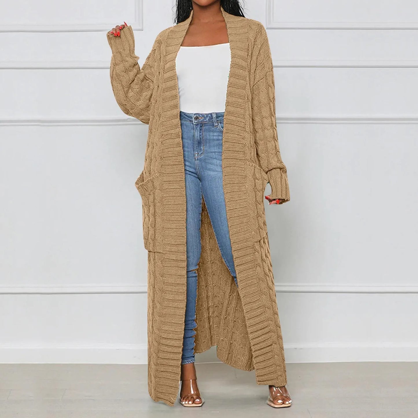 Thicken Long Cardigan Women Green Knitted Crochet Loose Full Sleeve Female Sweater 2022 Autumn Winter Warm Casual Lady Overcoats