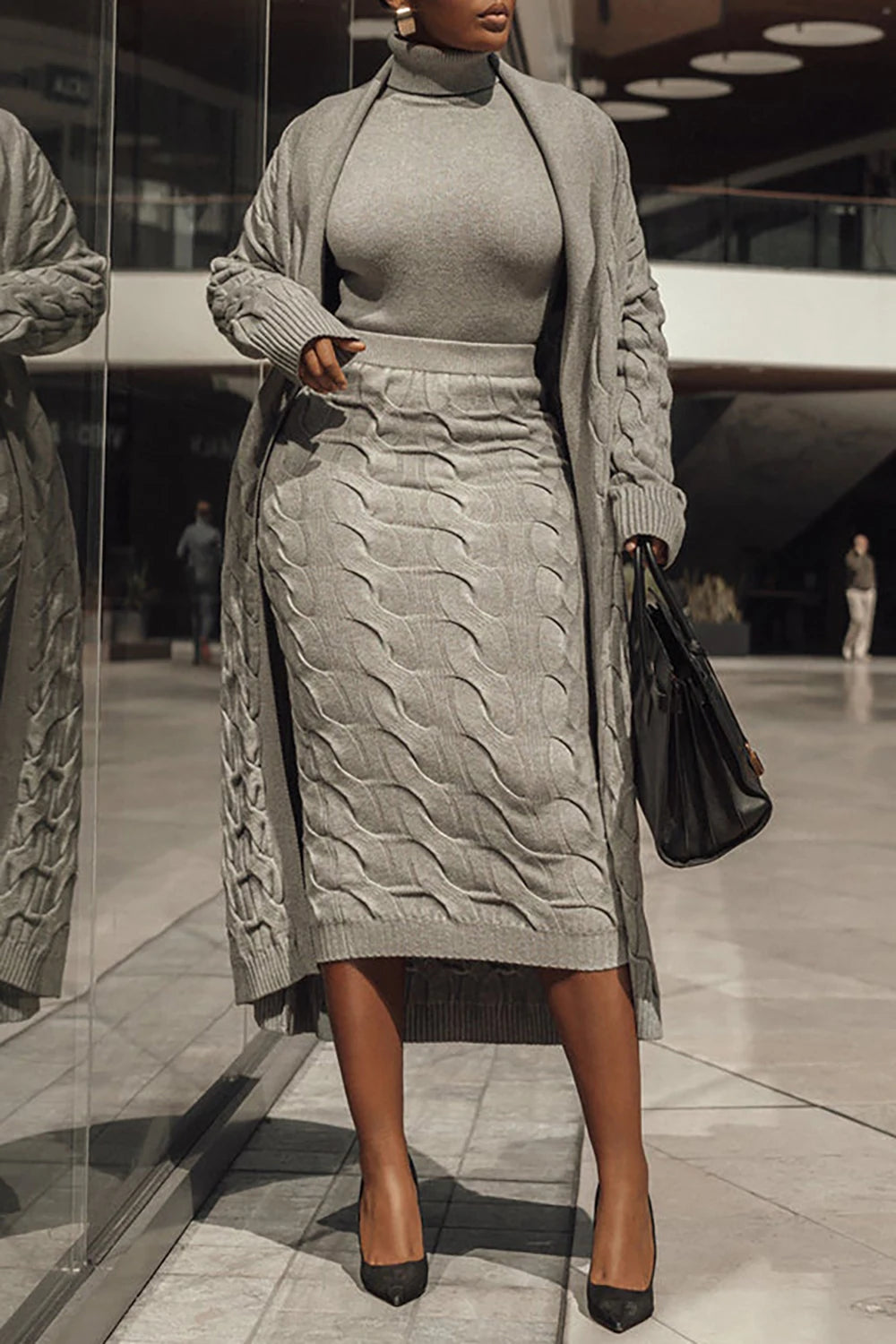 Plus Size Women Fall Winter Daily Cardigan Ash Cable Knit Cardigan With Dual Pocket
