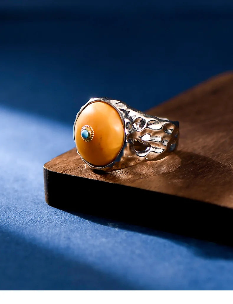 Uglyless Peace Button China Chic Amber Beeswax Rings for Women Luxury Big Gemstone Ring Hollow Wide 925 Silver Turquoise Jewelry
