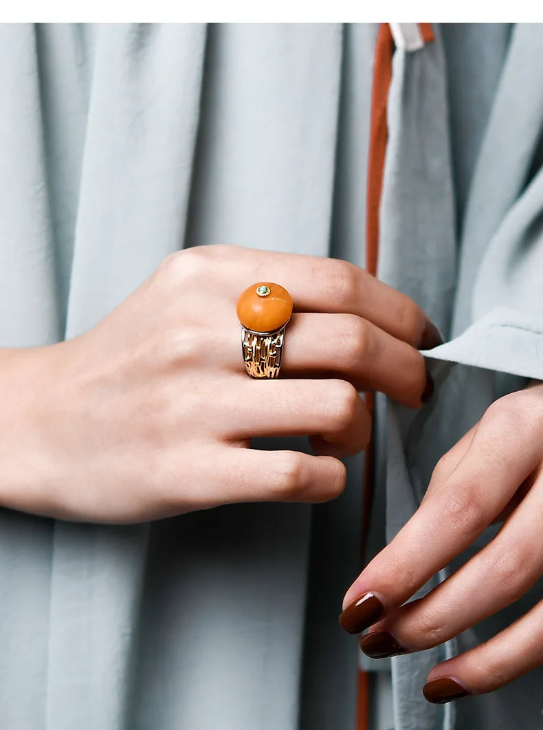 Uglyless Peace Button China Chic Amber Beeswax Rings for Women Luxury Big Gemstone Ring Hollow Wide 925 Silver Turquoise Jewelry