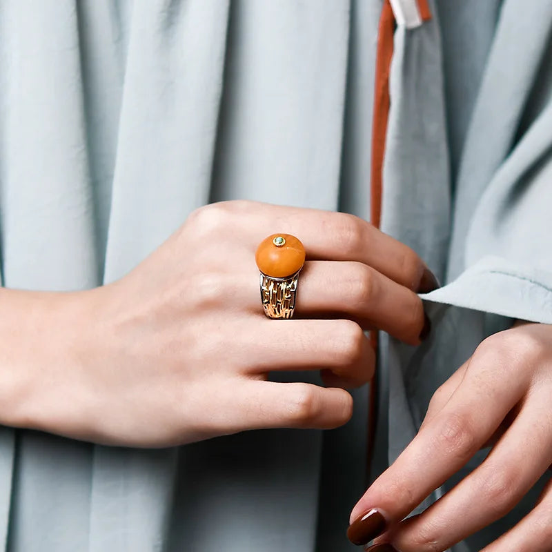 Uglyless Peace Button China Chic Amber Beeswax Rings for Women Luxury Big Gemstone Ring Hollow Wide 925 Silver Turquoise Jewelry