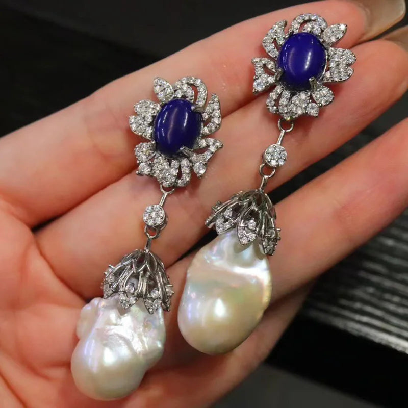CSJ Natural Freshwater Baroque Pearl Earrings Sterling 925 Silver Lapis Turquoise Handmade Jewelry for Women Party Birthday Gift