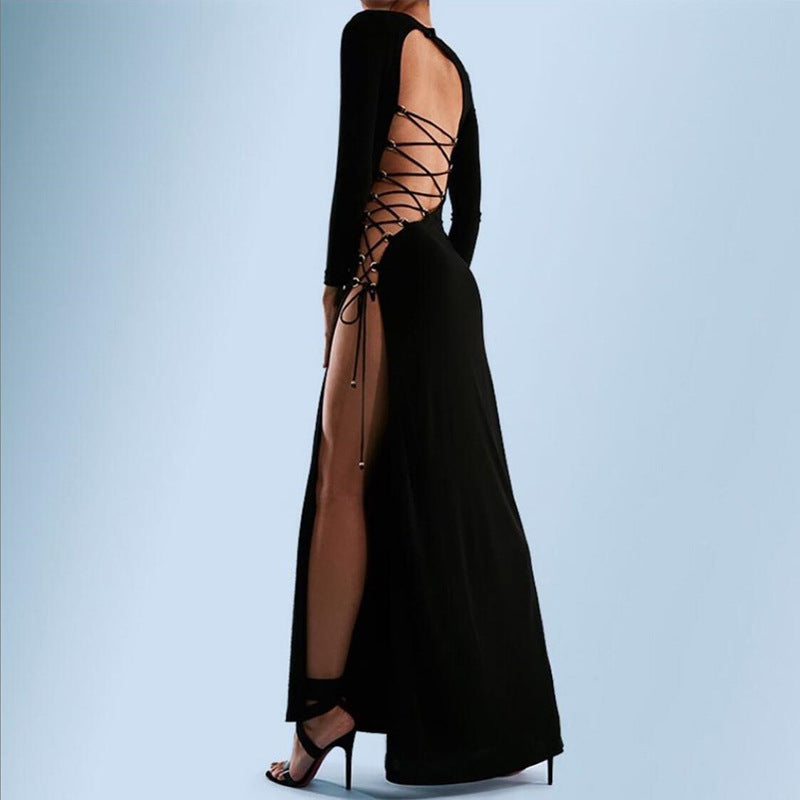 Women's Fashion Round Neck Long Sleeve Sexy Hollow  Back Split Dress