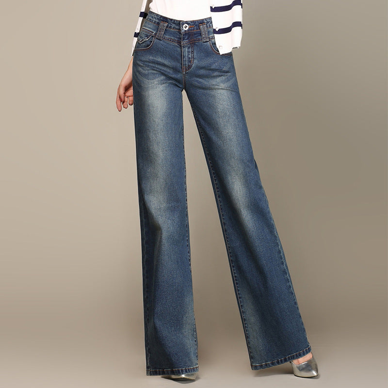 Spring And Autumn Women's Denim Straight Wide-leg Casual Pants