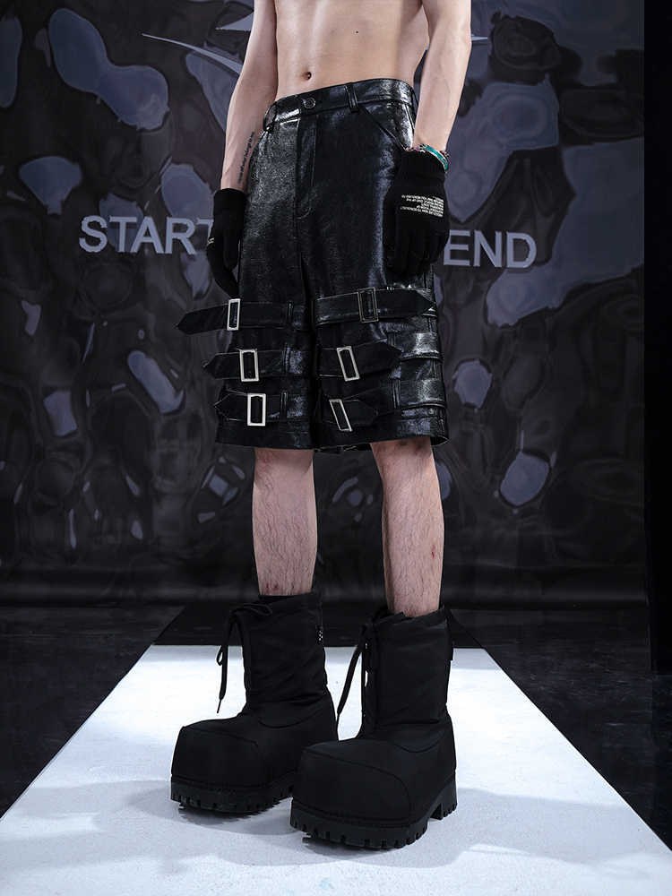 Men's Leather Ring Casual Cropped Pants PU Leather Shorts