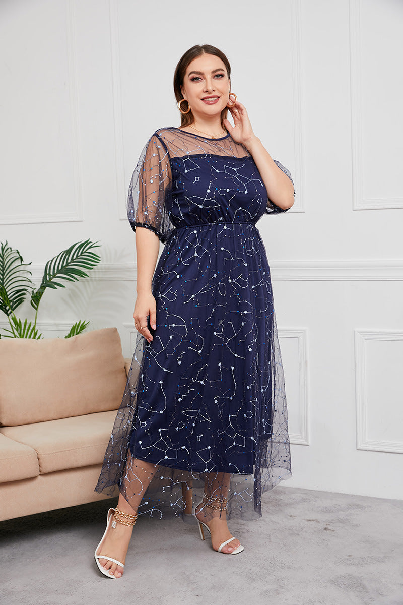Plus Size Dress Evening Dress Women's Mesh Embroidered Midi Dress