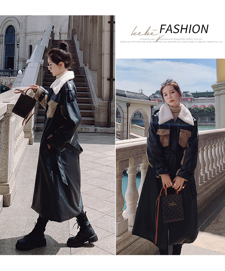 Womens Medium Long Winter Plush Thickened Cotton Black Leather Coat
