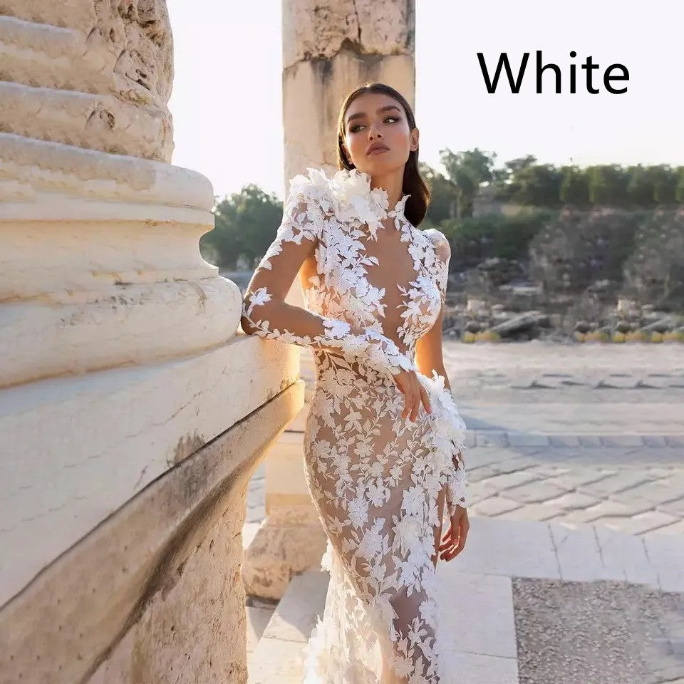 High Neck Lace Long Sleeve Floor Sweeping Boho Bridal Gown