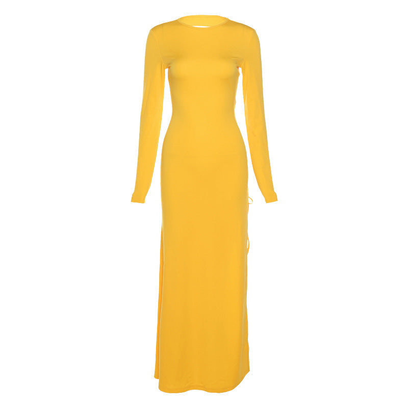 Women's Fashion Round Neck Long Sleeve Sexy Hollow  Back Split Dress