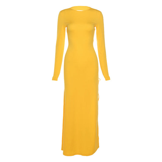 Women's Fashion Round Neck Long Sleeve Sexy Hollow  Back Split Dress
