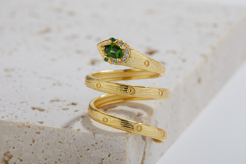 925 Silver Inlaid Natural Diopside Gemstone Snake Ring