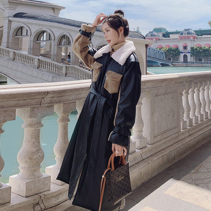 Womens Medium Long Winter Plush Thickened Cotton Black Leather Coat