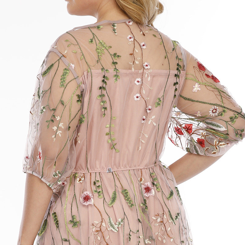 Plus Size Dress Evening Dress Women's Mesh Embroidered Midi Dress