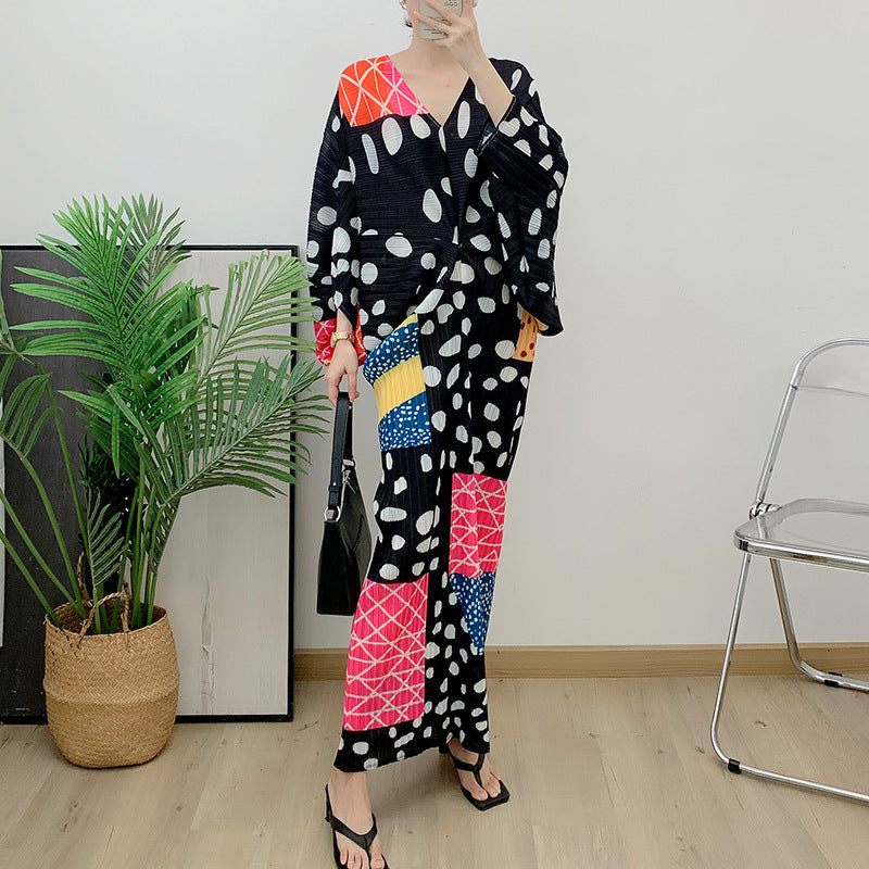 V-collar Polka Dot Pleated Dress Loose Plus Size Fishtail Skirt