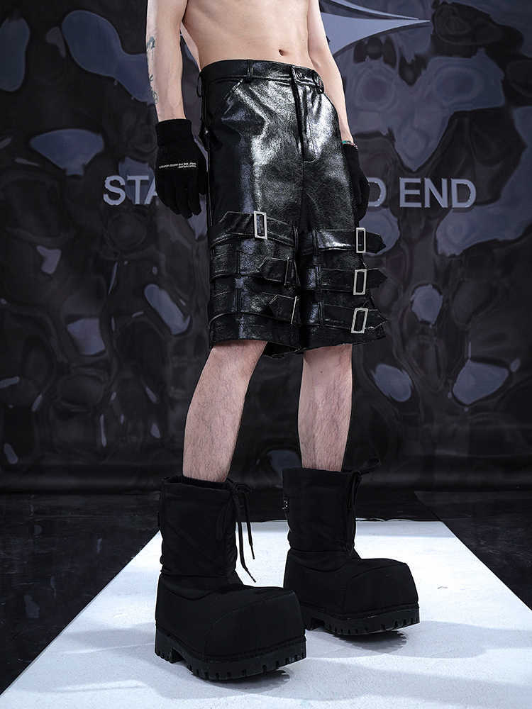 Men's Leather Ring Casual Cropped Pants PU Leather Shorts